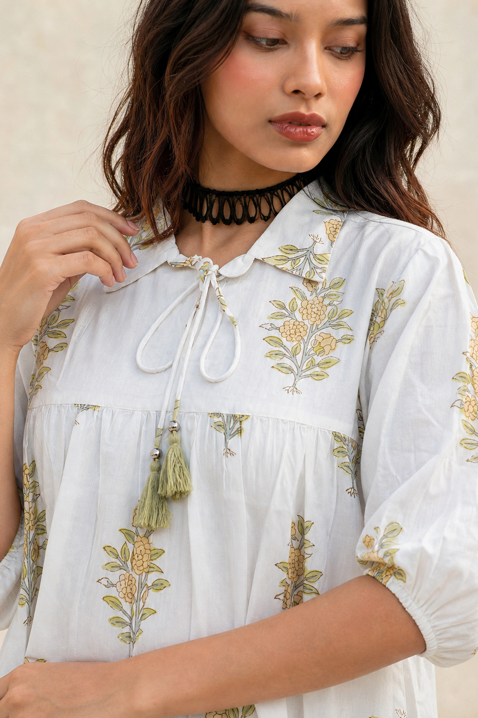 Women Parrot Green Floral Printed Cotton Short Kurti - Collar Neck - Puff Sleeves with Tassel Dori ATL2300