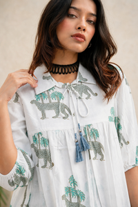 Women Pista Floral Printed Cotton Short Kurti - Collar Neck - Puff Sleeves with Tassel Dori ATL2300