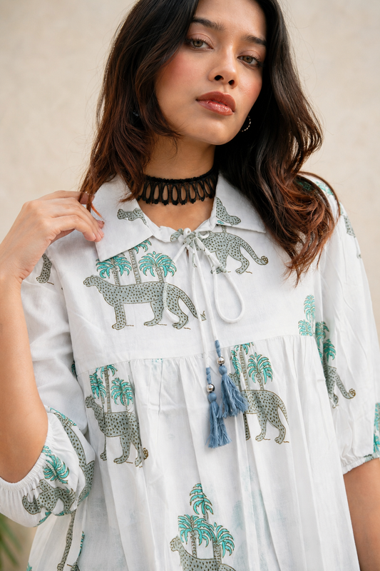 Women Pista Floral Printed Cotton Short Kurti - Collar Neck - Puff Sleeves with Tassel Dori ATL2300