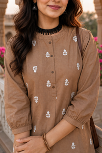 Women Fawn White Embroidered Short Kurti - 3/4 Sleeves ATL9280