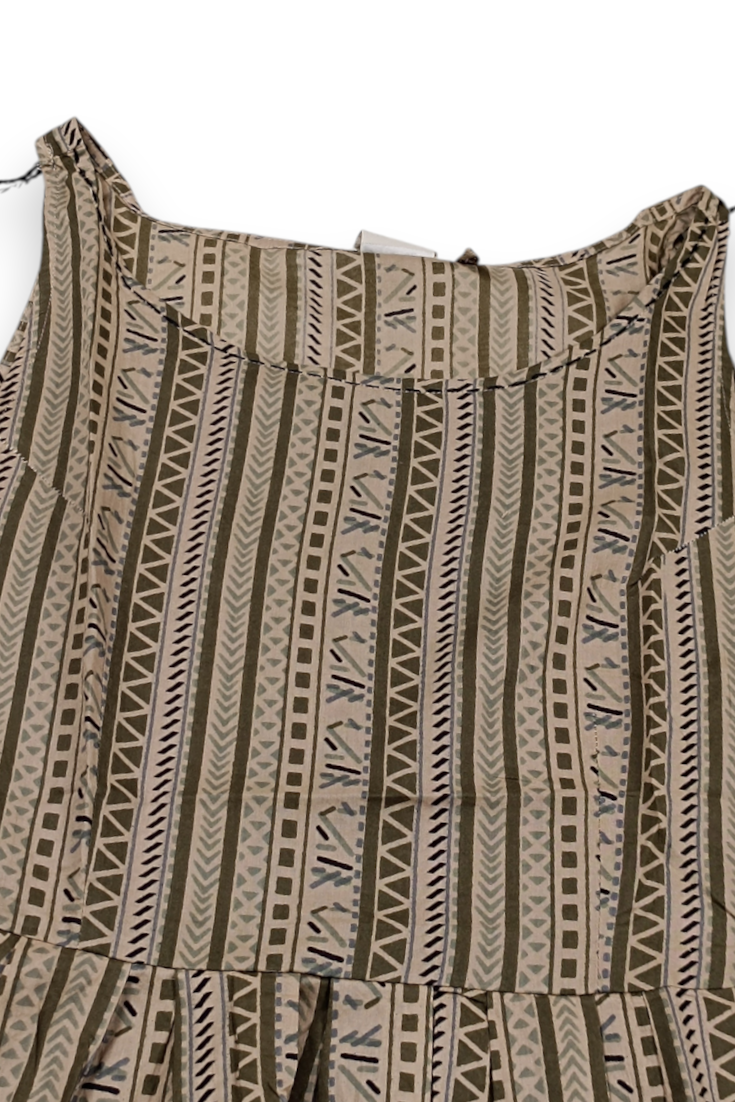Women Olive Floral Printed Short Kurti - Sleeveless Peplum Top with Tassels ATL7194