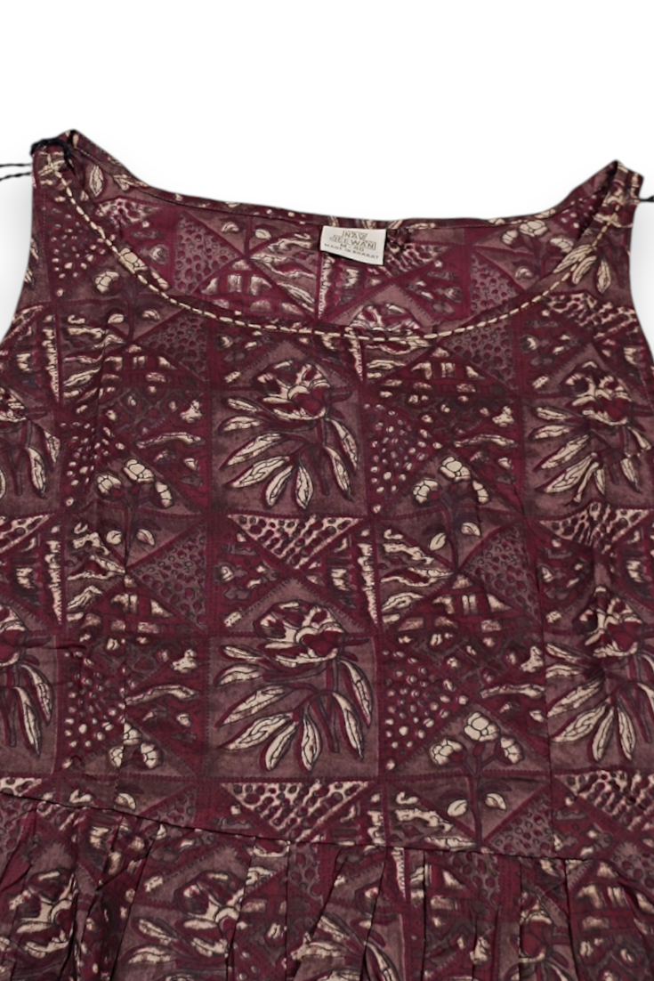Women Coffee Floral Printed Short Kurti - Sleeveless Peplum Top with Tassels ATL7194