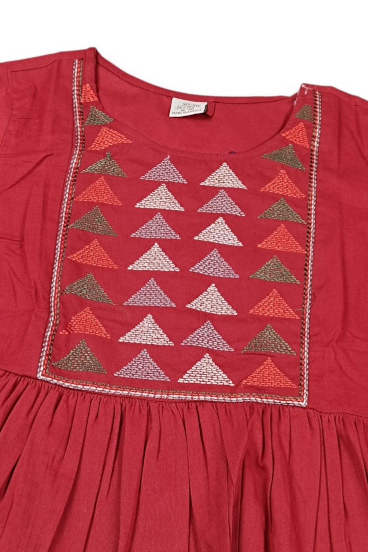 Women Rust Short Kurti - Embroidered Yoke - 3/4 Sleeve ATL5271