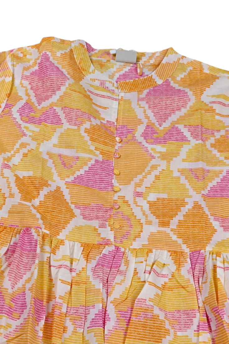 Women Yellow Floral Cotton Short Frock Kurti - 3/4 Sleeves ATL5255