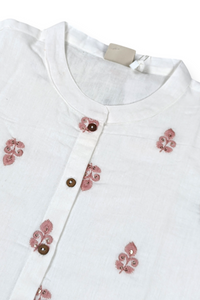 Women White Pink Embroidered Short Kurti - 3/4 Sleeves ATL9280