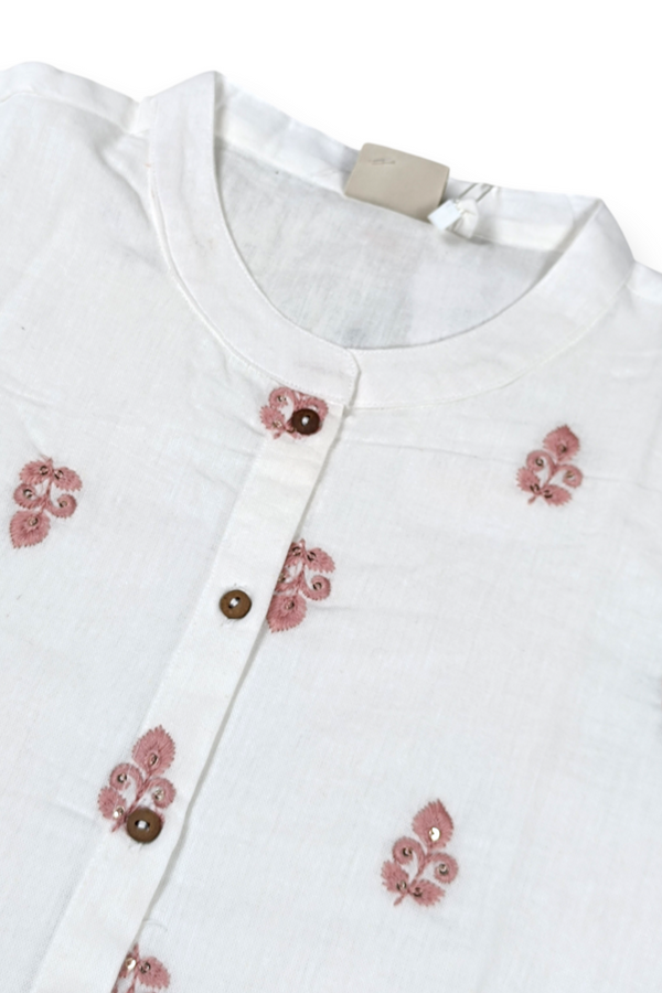 Women White Pink Embroidered Short Kurti - 3/4 Sleeves ATL9280