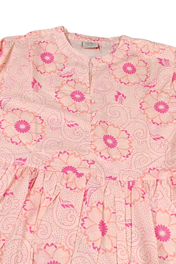 Women Orange Floral Cotton Short Frock Kurti - 3/4 Sleeves ATL5255