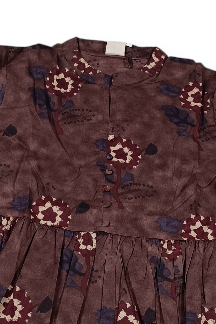Women Brown Floral Cotton Short Frock Kurti - 3/4 Sleeves ATL5255