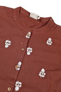 Women Brown White Embroidered Short Kurti - 3/4 Sleeves ATL9280
