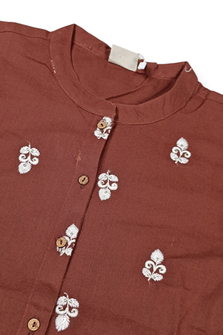 Women Brown White Embroidered Short Kurti - 3/4 Sleeves ATL9280