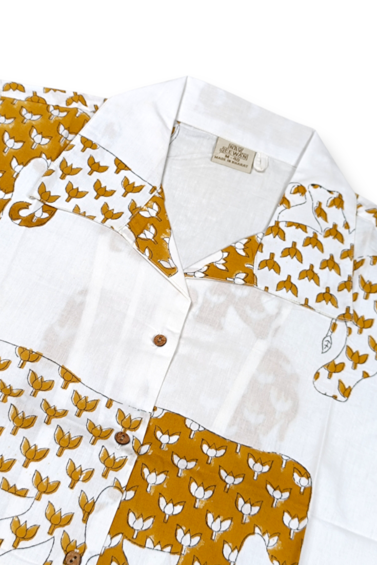 Women Mustard Elephant Printed Cotton Shirt - 3/4 Sleeves ATL8238