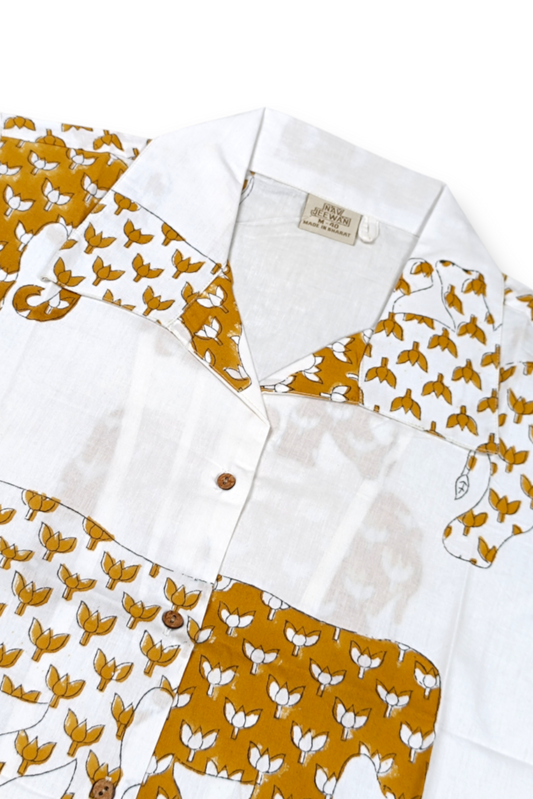 Women Mustard Elephant Printed Cotton Shirt - 3/4 Sleeves ATL8238