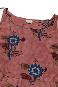 Women Rust Floral Printed Short Kurti - Sleeveless Peplum Top with Tassels ATL7194