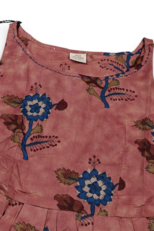 Women Rust Floral Printed Short Kurti - Sleeveless Peplum Top with Tassels ATL7194