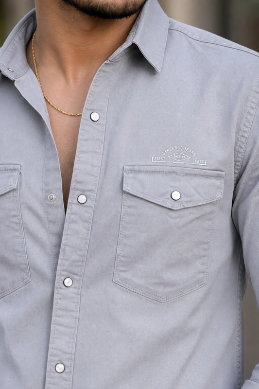 Men Grey Double Pocket Casual Shirt | Snap Button Denim Shirt