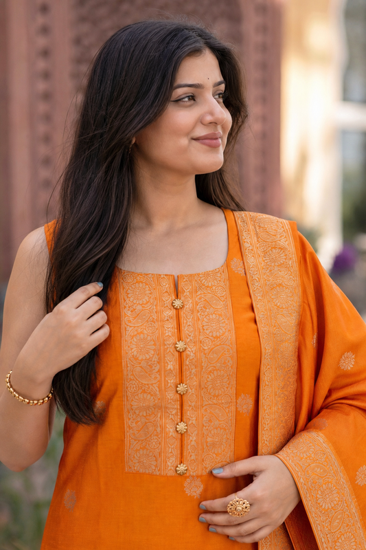 Women Golden Banarasi Silk Sleeveless Paithani Suit - Detail View