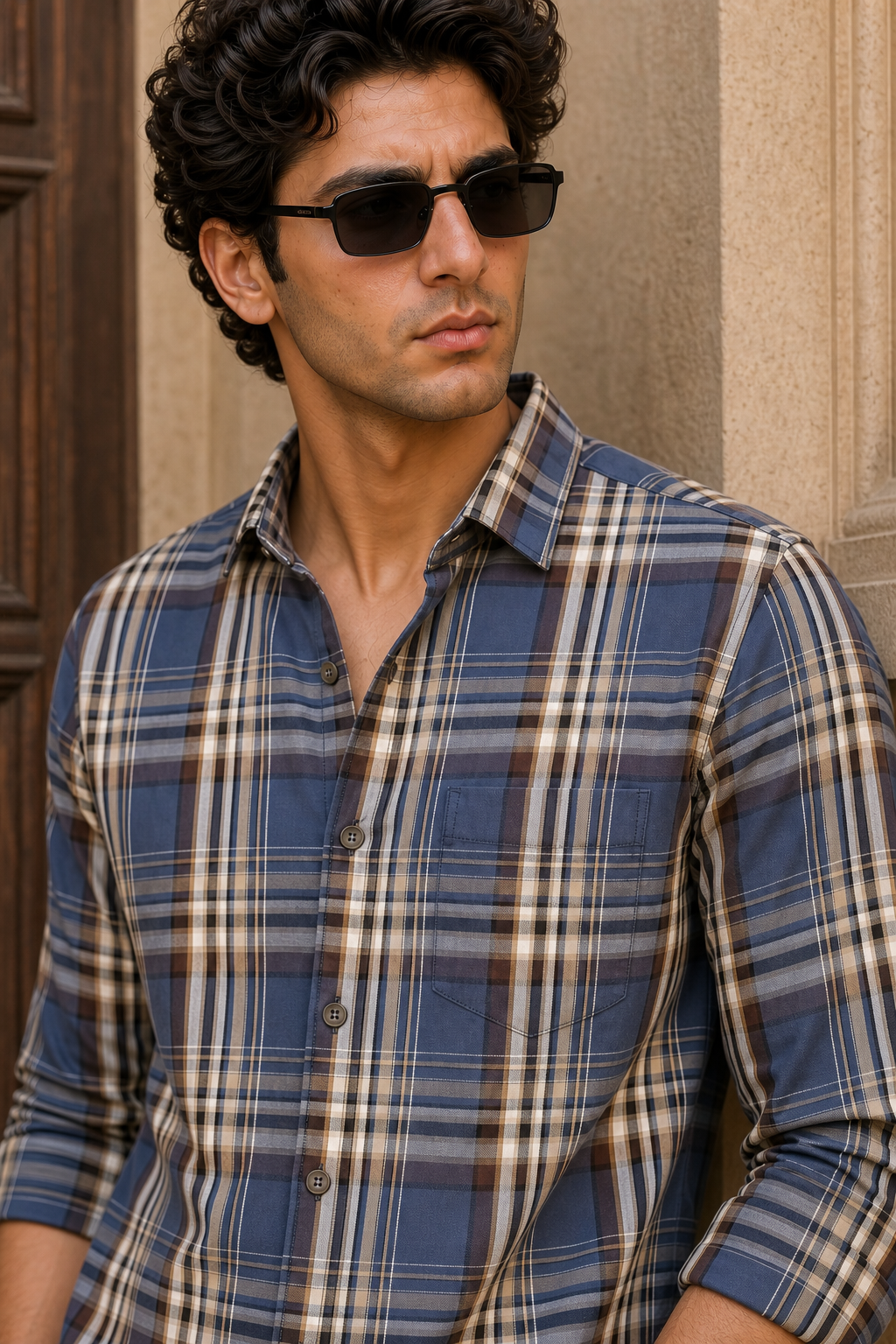 Men Blue & Brown Checked Long Sleeve- Casual Wear KEV-597-14