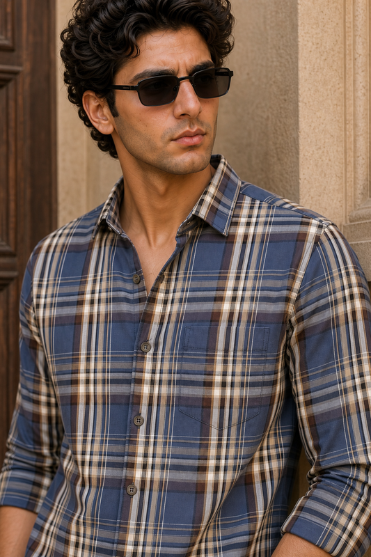 Men Blue & Brown Checked Long Sleeve- Casual Wear KEV-597-14