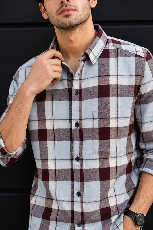 Men Wine & Sky Blue Checked Shirt PRA-568-2