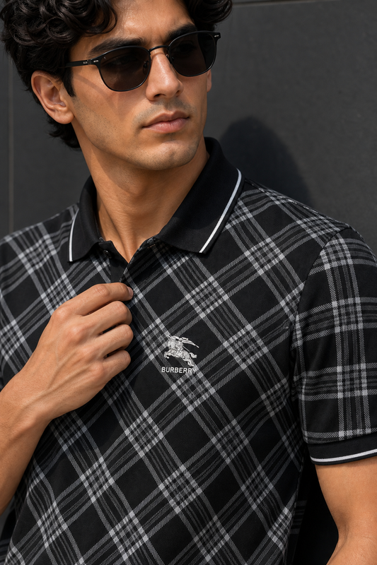 Men Black Checked Polo Tshirt - Half Sleeve 119