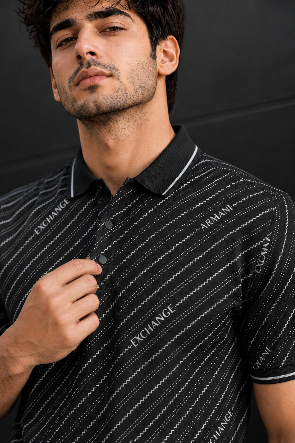 Men Premium Black Striped Polo T-Shirt with Snap Buttons 144