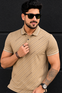 Men Premium Fawn Striped Polo T-Shirt with Snap Buttons 144