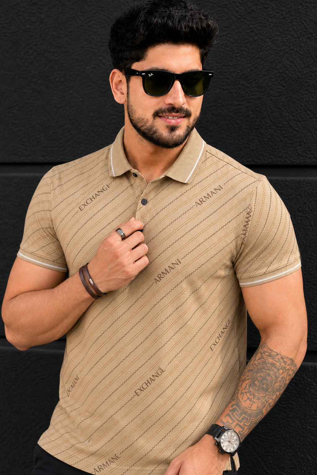 Men Premium Fawn Striped Polo T-Shirt with Snap Buttons 144
