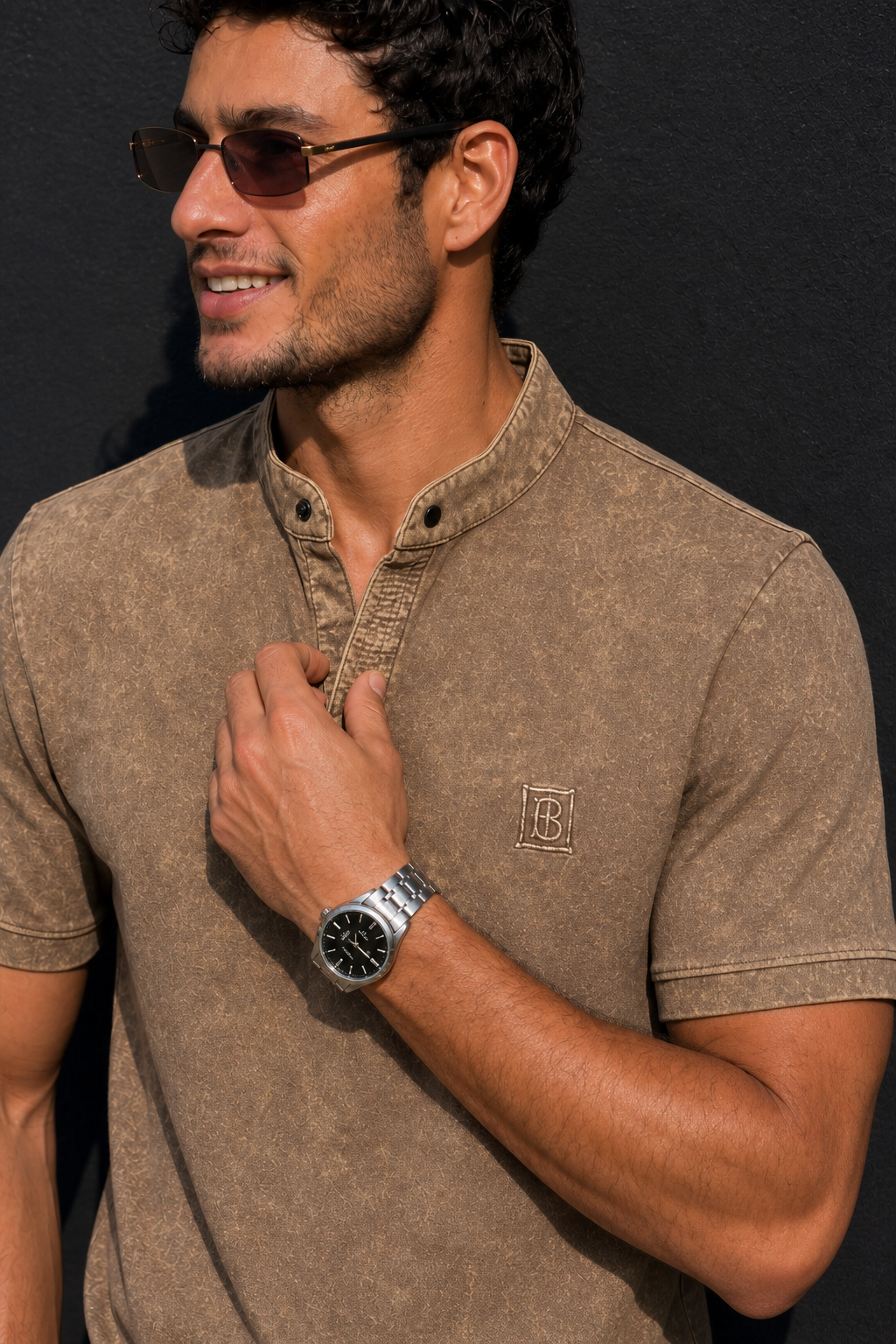 Men Rust Acid Washed Henley Neck T-Shirt - Slim Fit 305