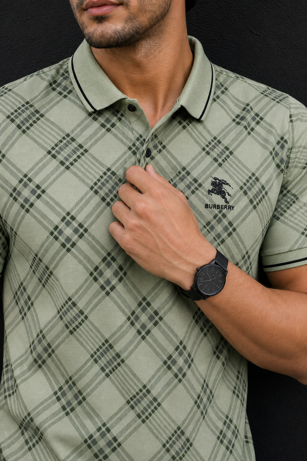 Men Green Checked Polo Tshirt - Half Sleeve 119