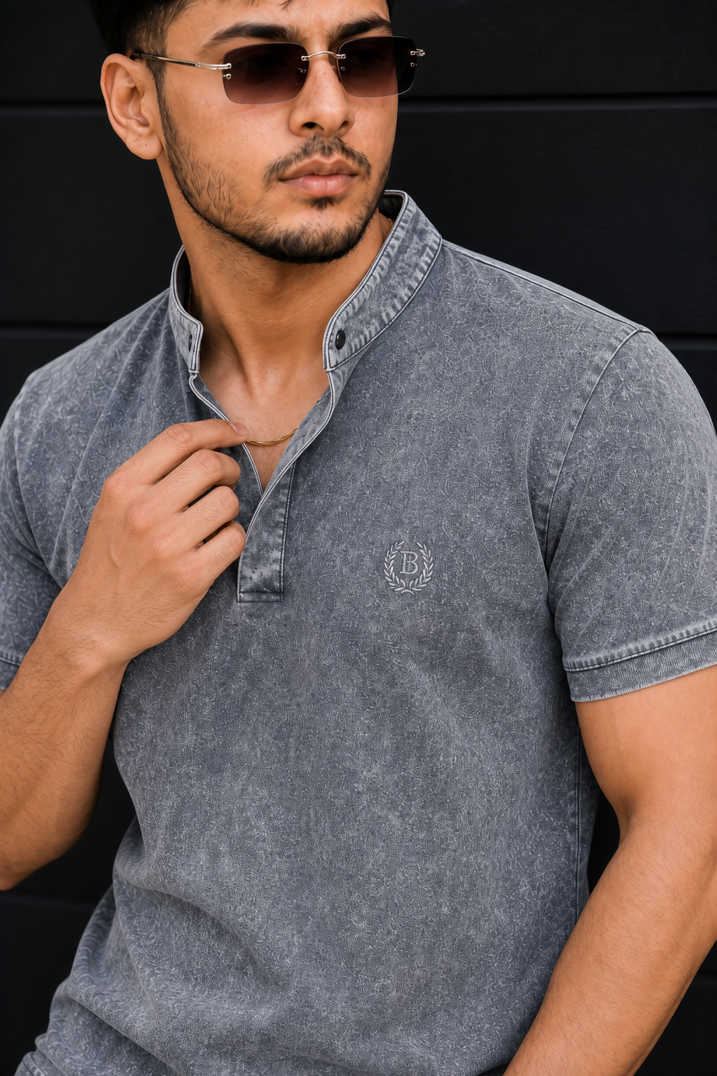 Men Grey Acid Washed Henley Neck T-Shirt - Slim Fit 305