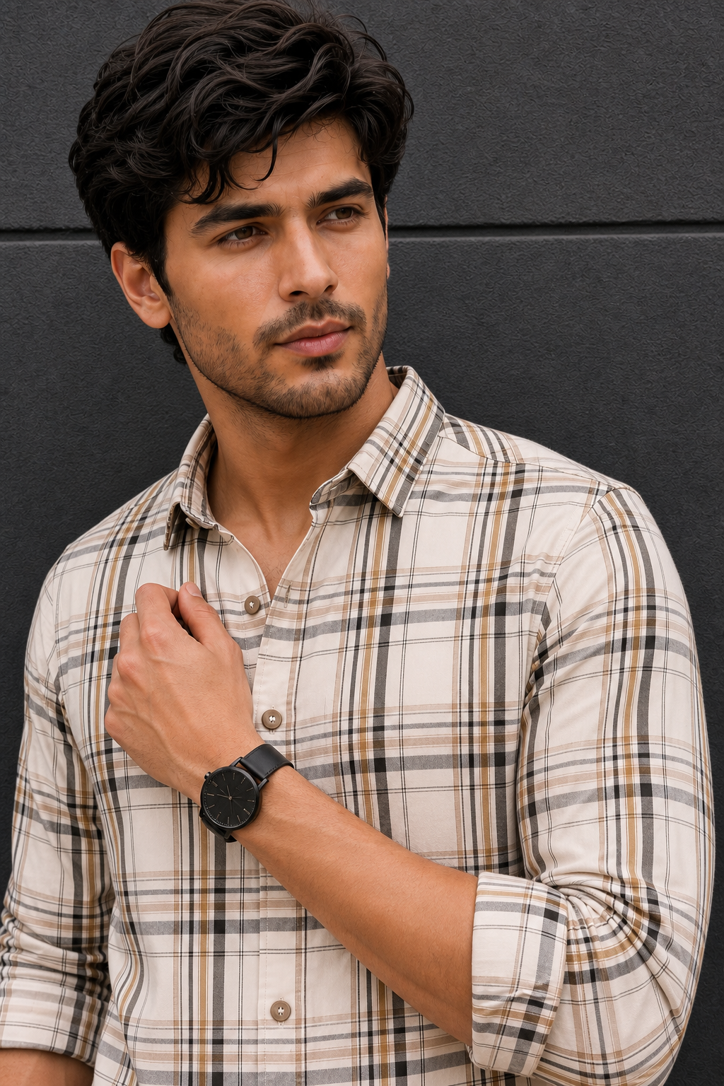 Men White & Beige Plaid Shirt | Long-Sleeve KEV-597-8
