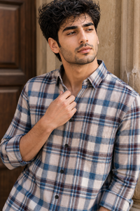Men Medium Blue & Brown Plaid Button-Up Shirt KEV-597-24