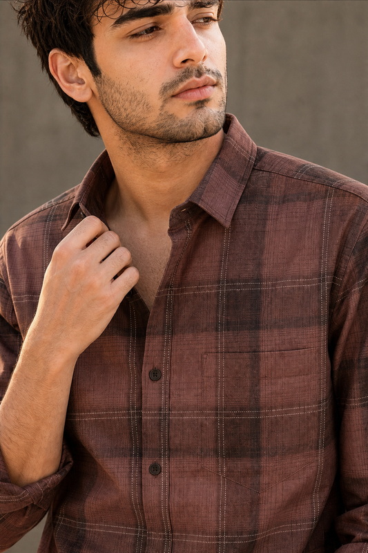Men Brown Plaid Flannel Button-Up Shirt – Long Sleeve KEV-597-24