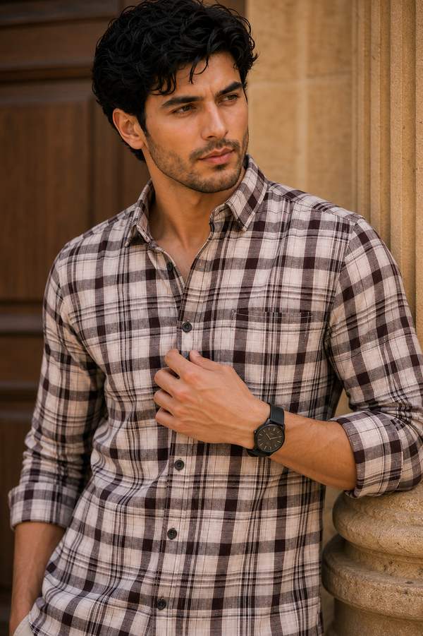 Men White Plaid Button-Up Shirt – Wine Check Long Sleeve KEV-597-8