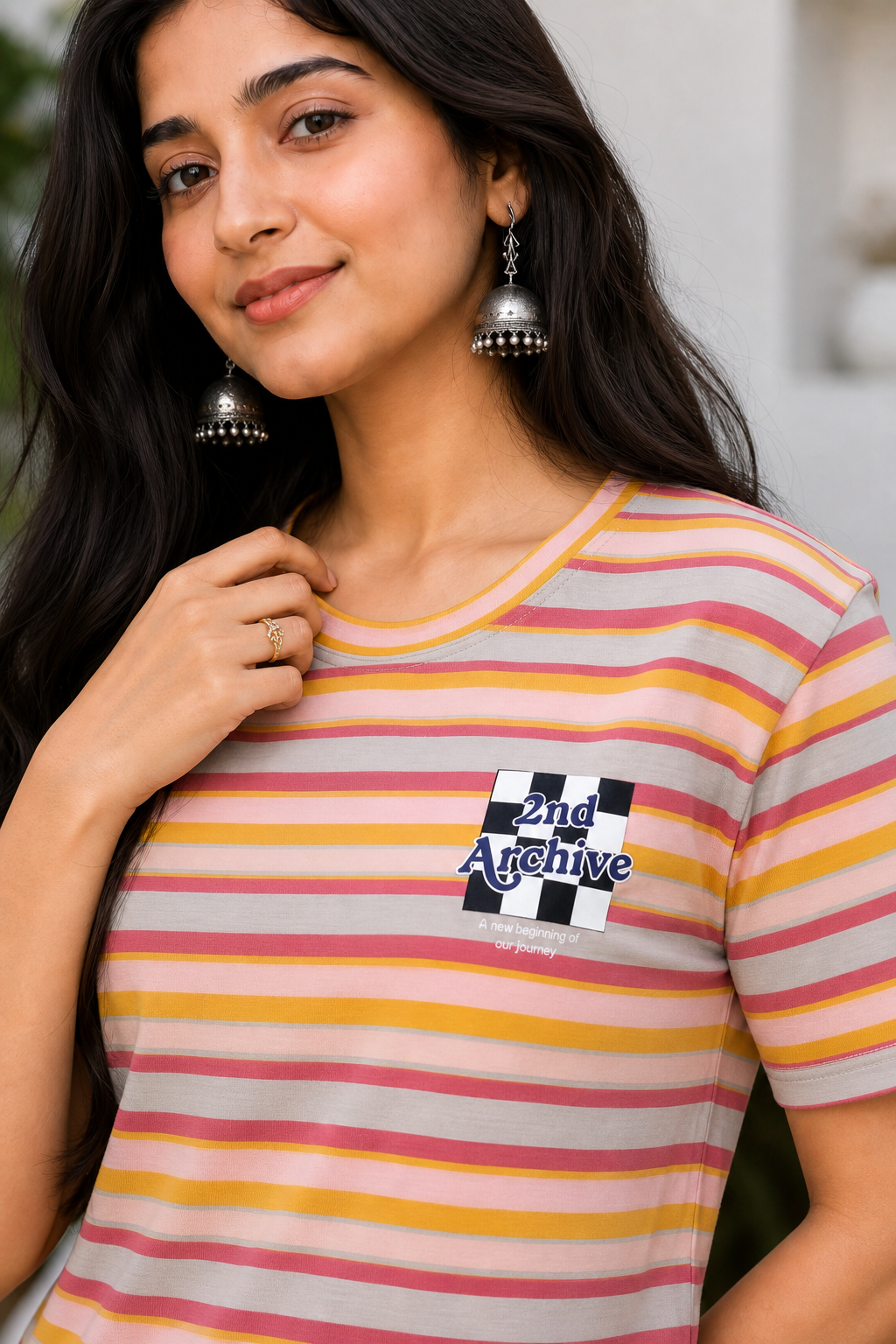 Women Peach Striped Short Sleeve T-Shirt M-7356-14