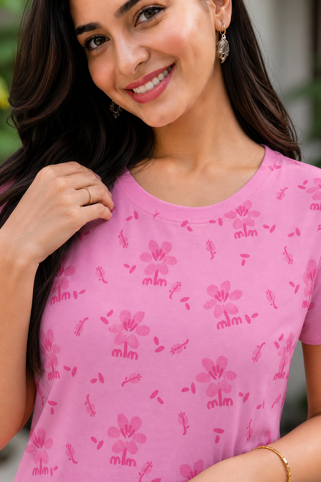 Women Pink Cherry Blossom Print T-Shirt Short Sleeves M-7266-23