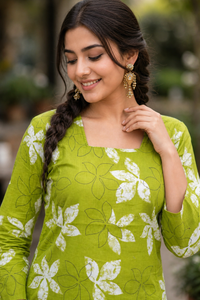 Women Lime Green Floral Leaf Print Back Lace Short Kurti 3561