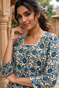 Women White Blue Floral Vine Print With Backlace Short Kurti 3561
