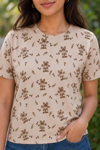 Women Fawn and Brown Cherry Blossom Print T-Shirt Short Sleeves M-7266-23
