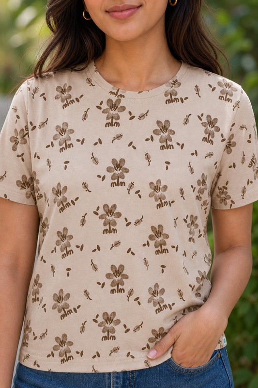Women Fawn and Brown Cherry Blossom Print T-Shirt Short Sleeves M-7266-23
