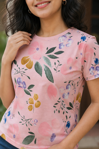 Women Peach Floral Print Round Neck T-Shirt M-7236-13
