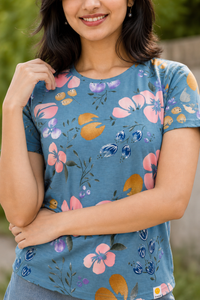 Women Blue Floral Print Round Neck T-Shirt M-7236-13