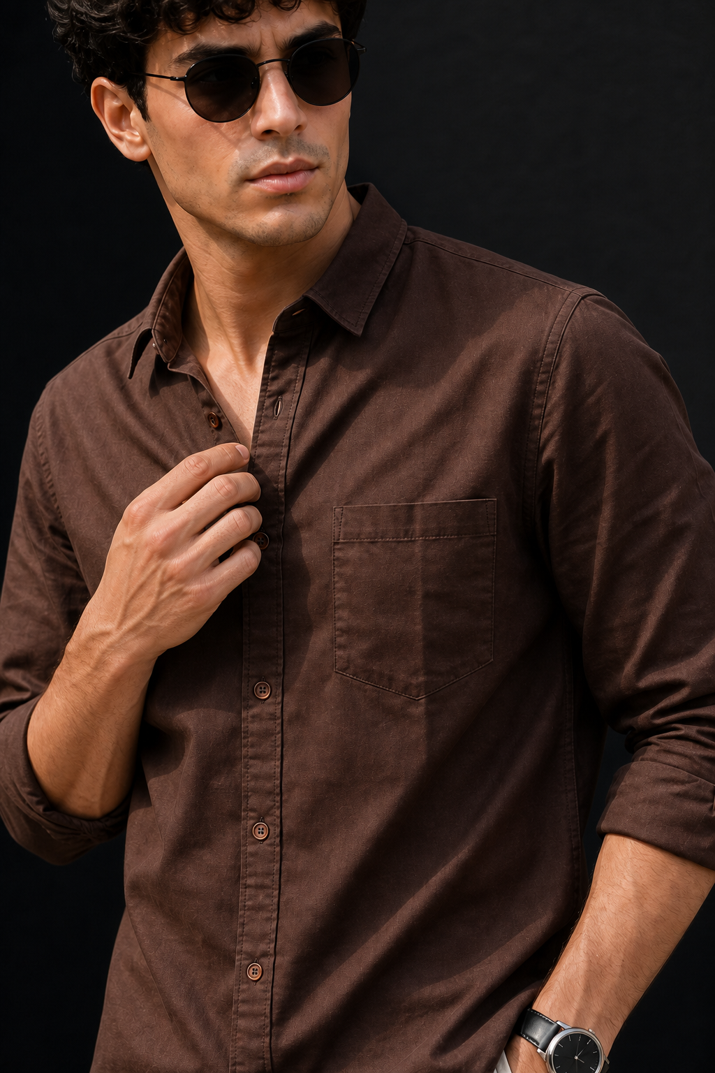 Men Solid Coffee Premium Cotton Long Sleeve Shirt GIZA