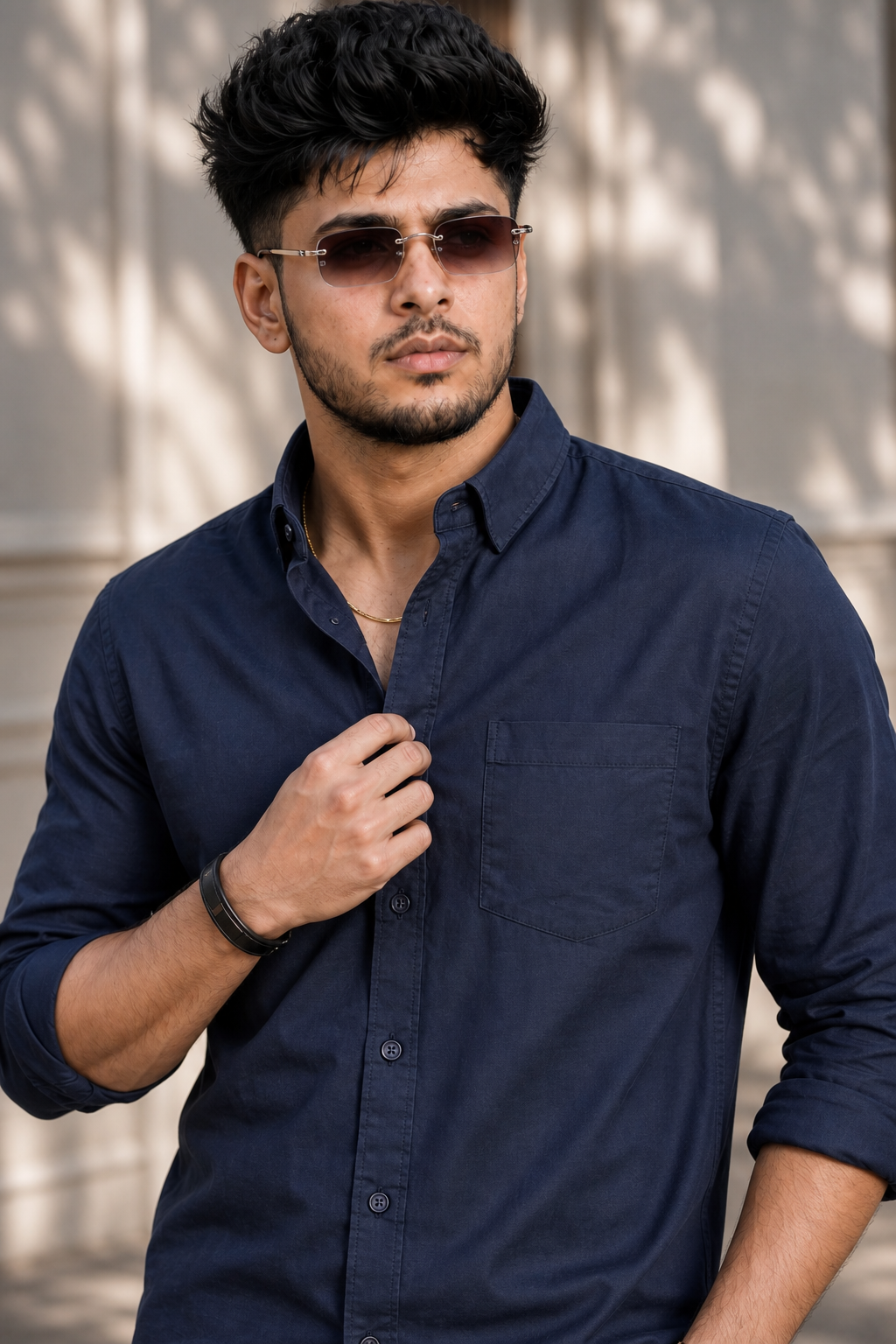 Men Solid Navy Blue Premium Cotton Long Sleeve Shirt GIZA