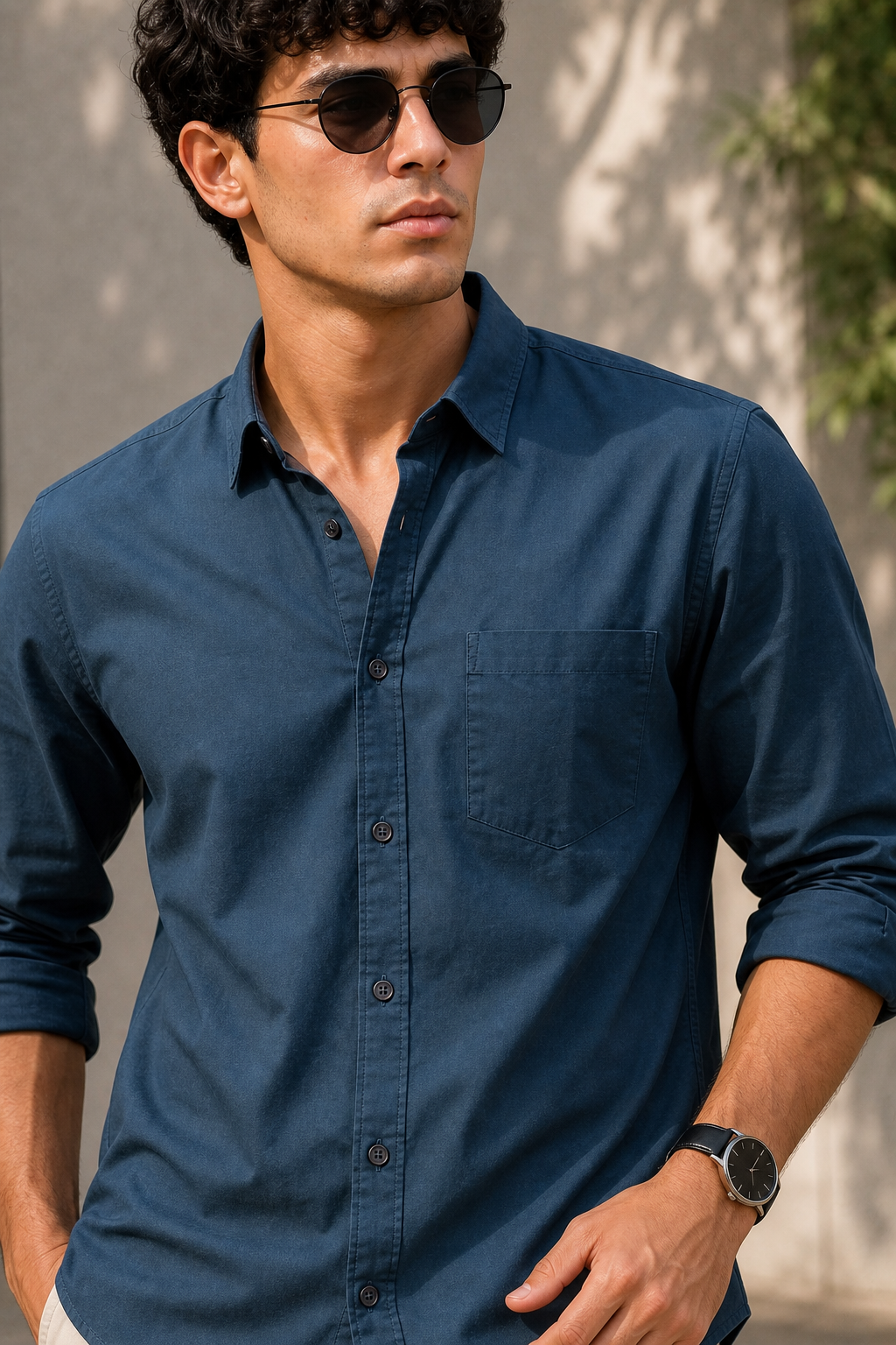 Men Solid Blue Premium Cotton Long Sleeve Shirt GIZA