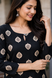 Women Black Cotton Kurti with Leaf Print - Detail View