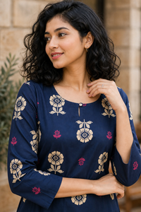 Women Navy Blue Beige Floral Cotton Kurti - Neck Detail