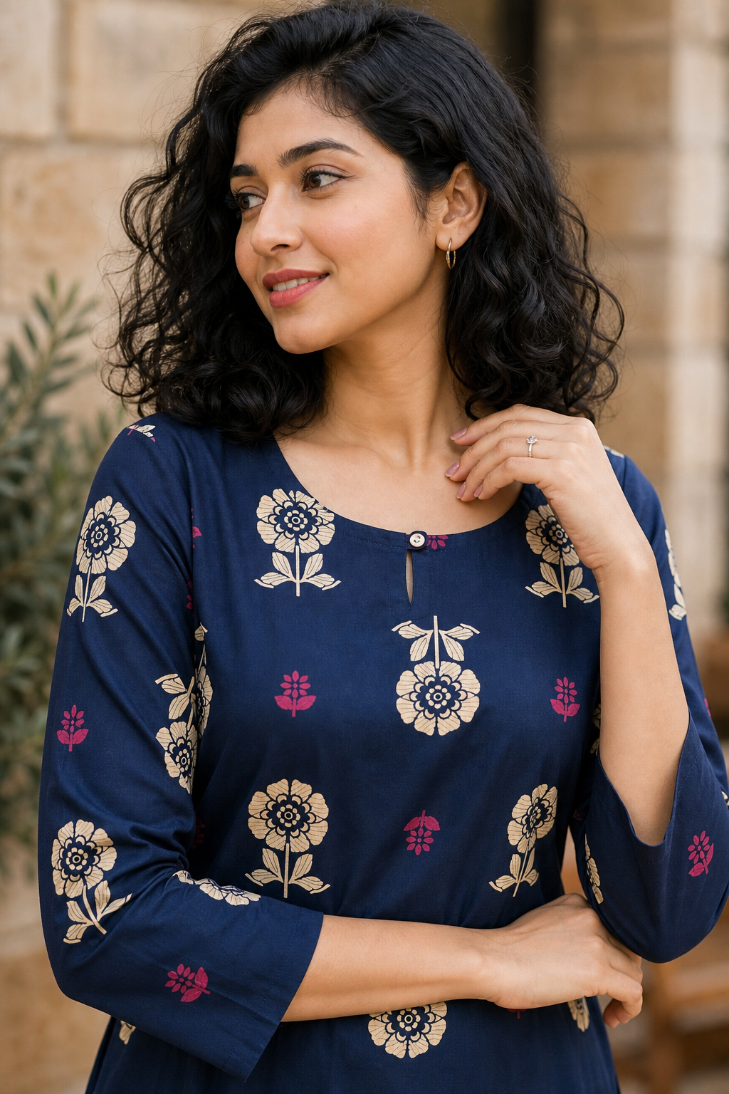 Women Navy Blue Beige Floral Cotton Kurti - Neck Detail