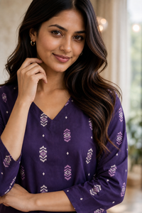 Women Purple Cotton Kurti - Neck Detail