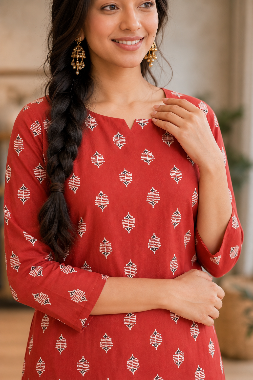 Women Rust Cotton Kurti - Neck Detail